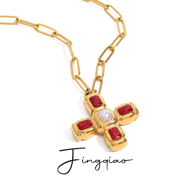 Necklace Pendant Jewelry Stainless Steel Titanium Steel Geometric Cross Electroplated Glass Pearl Zircon