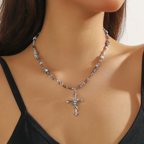 Necklace Pendant Mosaic Rose Cross Zinc Alloy Crystal Beaded Electroplating Simple Irregular