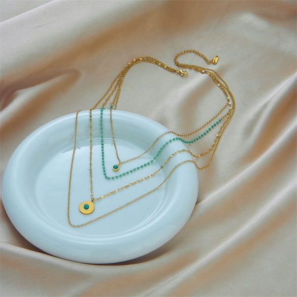 Necklace Pendant Multilayer Irregular Round Turquoise Stainless Steel Geometric Electroplated