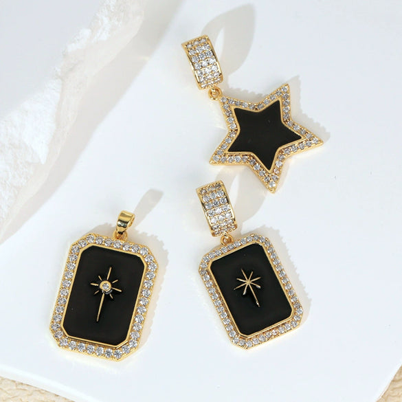 Necklace Pendant Retro Star Black Oil Drop Shield Copper Micropaved Geometric Letters Numbers Text Diy Accessories