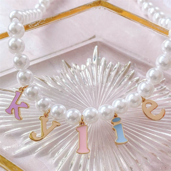Necklace Pendant Stainless Steel Titanium Steel Pearl Chain Letter Pattern 18K Gold Plated Colorpreserving Dripping Oil