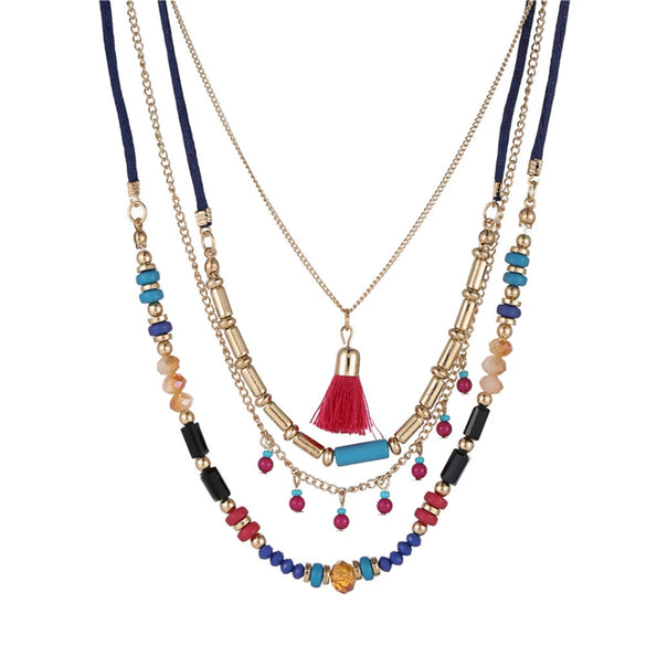 Necklace Plastic Resin Alloy Geometric Ball Chain Multilayer Bead Chain Tassel Pendant Bohemian Style