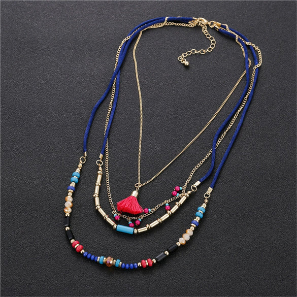 Necklace Plastic Resin Alloy Geometric Ball Chain Multilayer Bead Chain Tassel Pendant Bohemian Style