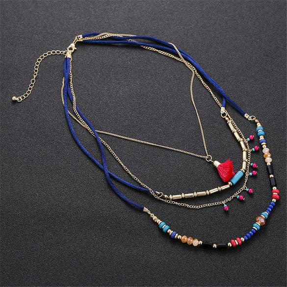 Necklace Plastic Resin Alloy Geometric Ball Chain Multilayer Bead Chain Tassel Pendant Bohemian Style