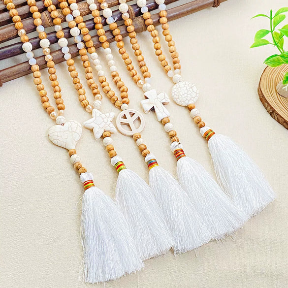 Necklace Plastic Resin Beaded Geometric Plaid Bohemian Cross Pendant Cotton Tassel