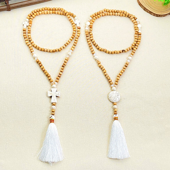 Necklace Plastic Resin Beaded Geometric Plaid Bohemian Cross Pendant Cotton Tassel