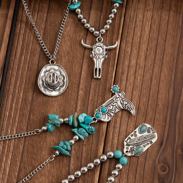 Necklace Punk Retro Metal Turquoise Cow Head Geometric Style