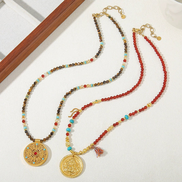 Necklace Red Agate Stainless Steel Copper Handmade Ancient Style