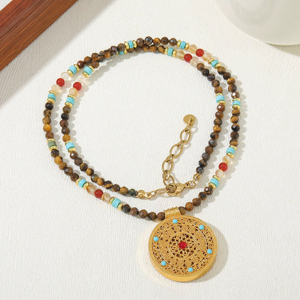 Necklace Red Agate Stainless Steel Copper Handmade Ancient Style
