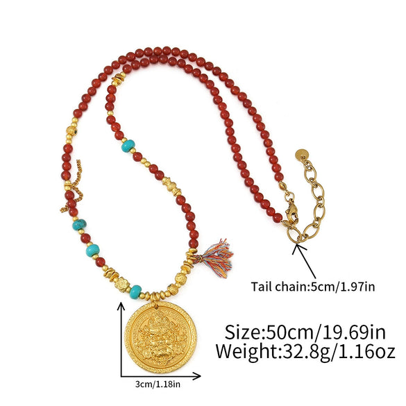 Necklace Red Agate Stainless Steel Copper Handmade Ancient Style