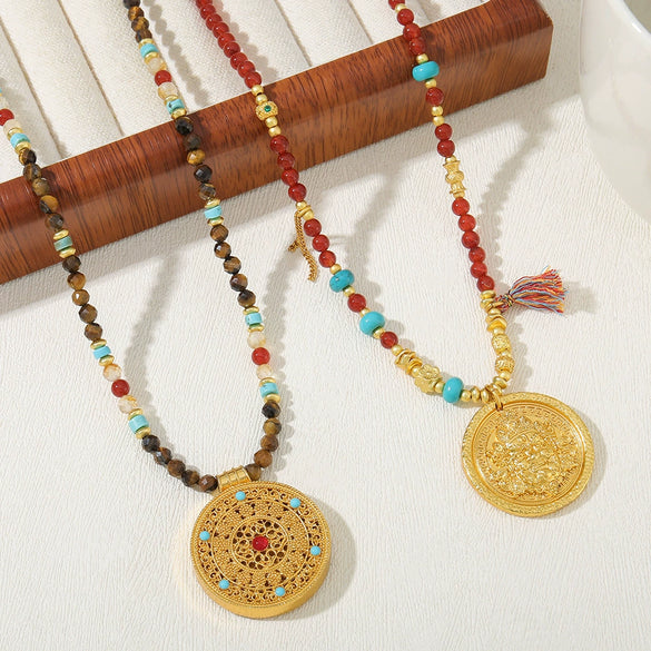 Necklace Red Agate Stainless Steel Copper Handmade Ancient Style