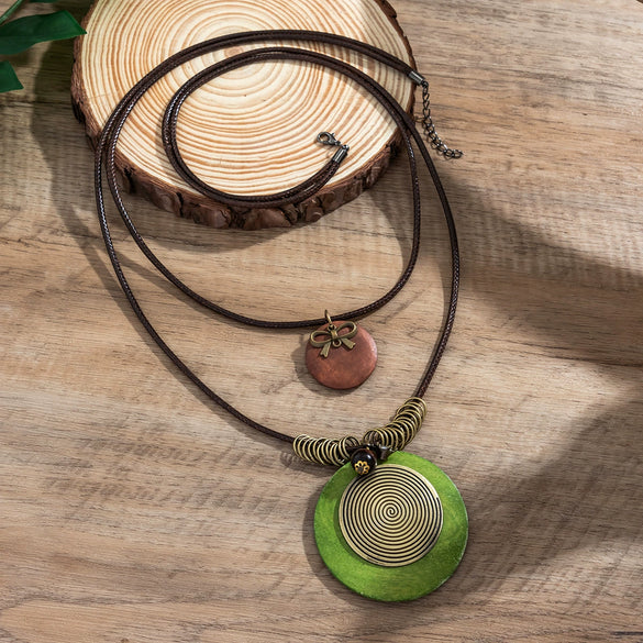 Necklace Retro Round Wood Geometric Handmade Leather Wax Wire Alloy Jewelry