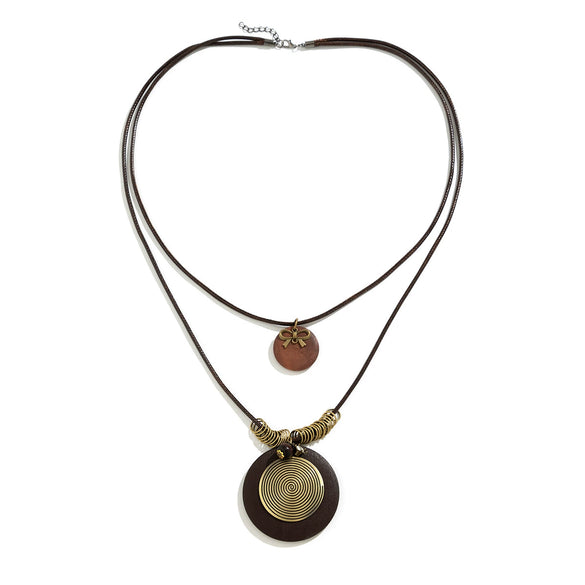 Necklace Retro Round Wood Geometric Handmade Leather Wax Wire Alloy Jewelry