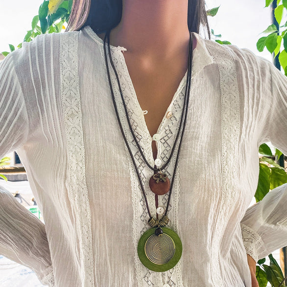 Necklace Retro Round Wood Geometric Handmade Leather Wax Wire Alloy Jewelry