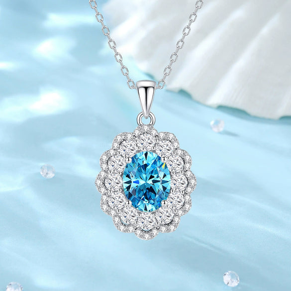 Necklace S925 Pure Silver High Carbon Diamond Aquamarine Marine Zircon Floral Cut Geometric Style For Women