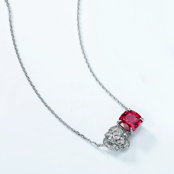 Necklace S925 Silver Inlaid Cultivated Ruby Geometric Flower Pattern Diamond Design Highend Women's
