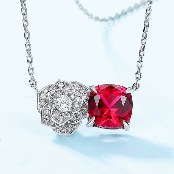 Necklace S925 Silver Inlaid Cultivated Ruby Geometric Flower Pattern Diamond Design Highend Women's