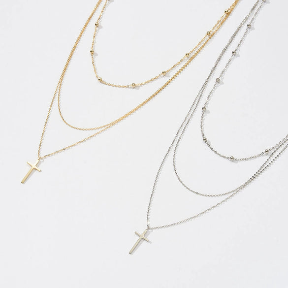 Necklace S925 Sterling Silver Cross Pendant Stacked Chain Geometric Design Electroplated