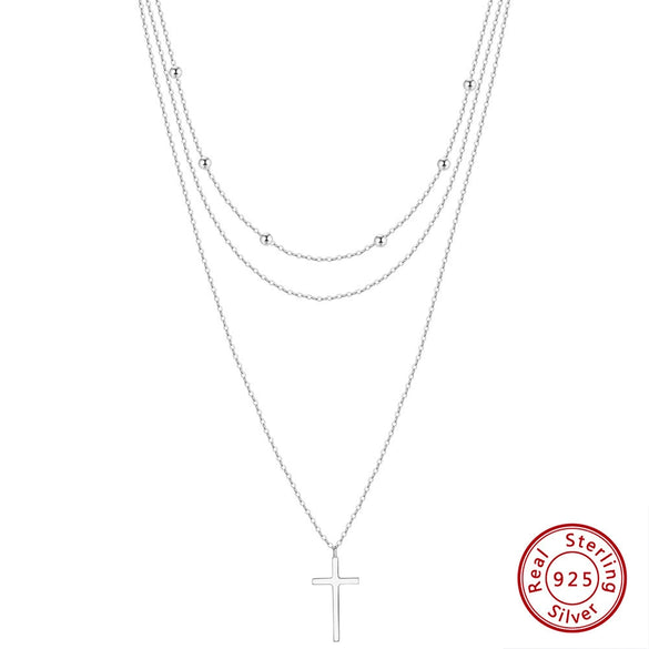 Necklace S925 Sterling Silver Cross Pendant Stacked Chain Geometric Design Electroplated