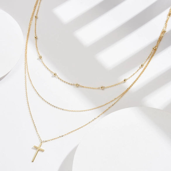 Necklace S925 Sterling Silver Cross Pendant Stacked Chain Geometric Design Electroplated