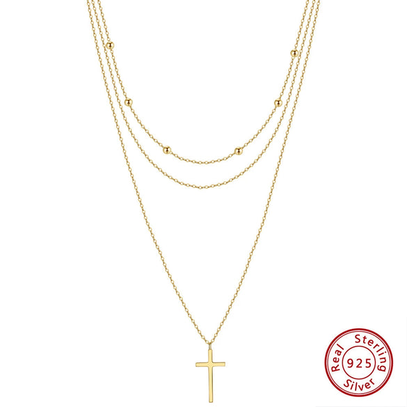 Necklace S925 Sterling Silver Cross Pendant Stacked Chain Geometric Design Electroplated