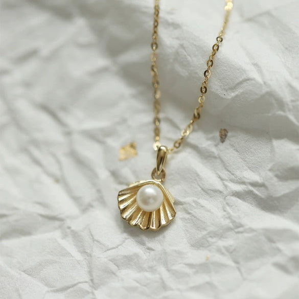 Necklace S925 Sterling Silver French Pearl Beads Shell Pendant Light Luxury Geometric Design Set With Pearls