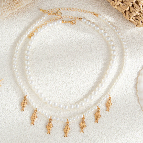 Necklace Set Alloy Imitation Pearl Beaded Geometric Metal Fish Pendant Electroplating