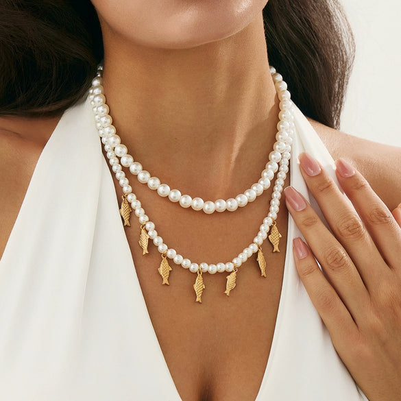 Necklace Set Alloy Imitation Pearl Beaded Geometric Metal Fish Pendant Electroplating