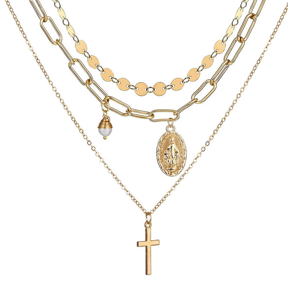 Necklace Set Alloy Metal Geometric Embossed Pendant Electroplating Snake Bone Chain Light Luxury Style Women's