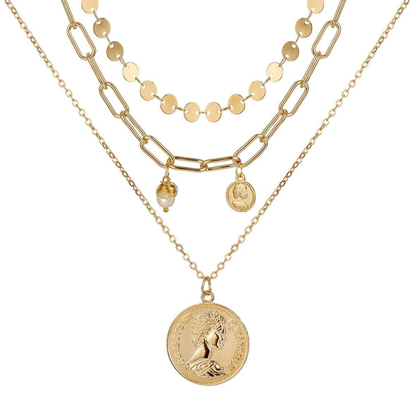 Necklace Set Alloy Metal Geometric Embossed Pendant Electroplating Snake Bone Chain Light Luxury Style Women's
