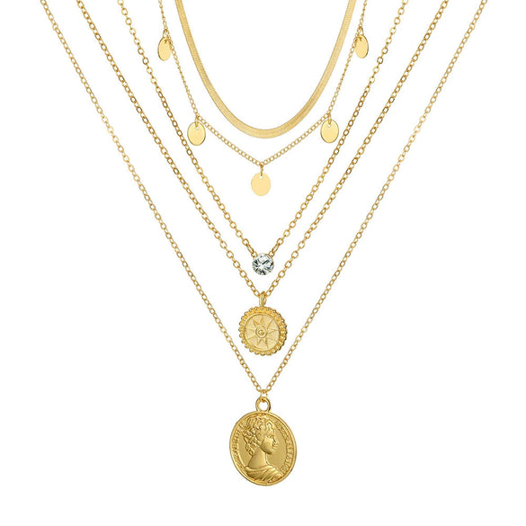 Necklace Set Alloy Metal Geometric Embossed Pendant Electroplating Snake Bone Chain Light Luxury Style Women's