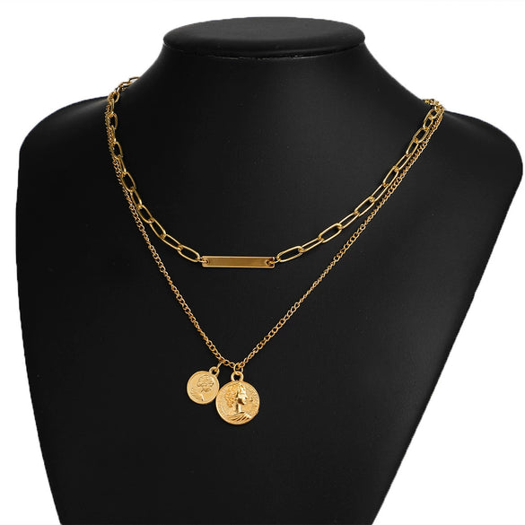 Necklace Set Alloy Metal Geometric Embossed Pendant Electroplating Snake Bone Chain Light Luxury Style Women's