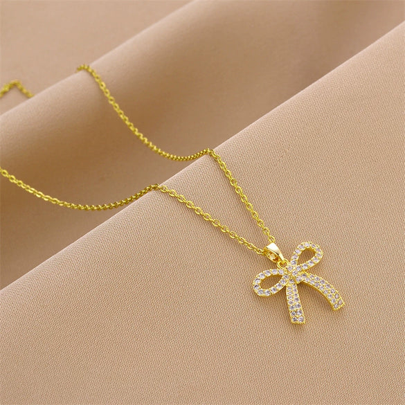 Necklace Set With Diamond Bow Pendant Titanium Steel Mixed Gem Inlay Geometric Electroplating Ochain For Women