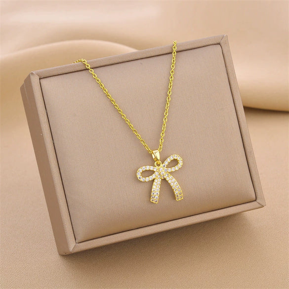 Necklace Set With Diamond Bow Pendant Titanium Steel Mixed Gem Inlay Geometric Electroplating Ochain For Women
