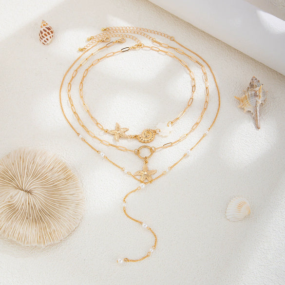 Necklace Shell Piece Starfish Conch Imitation Pearl Alloy Geometric Star Electroplating Women's Fashion