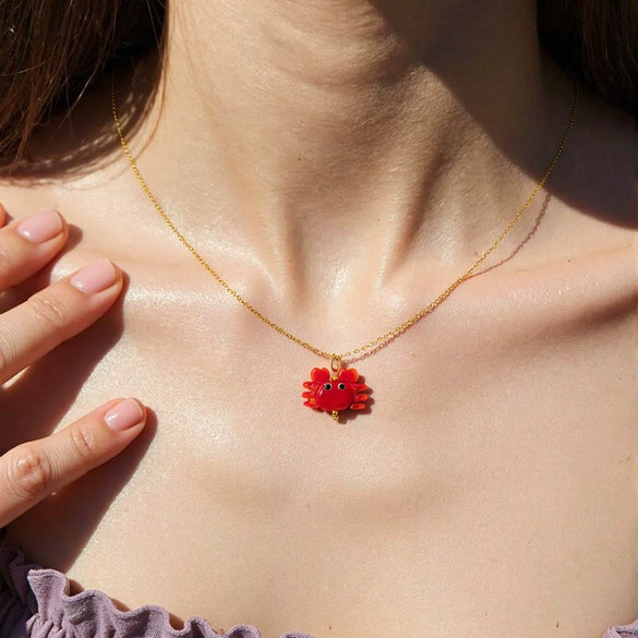 Necklace Small Crab Glass Pendant Stainless Steel Electroplating Clavicle Chain For Women