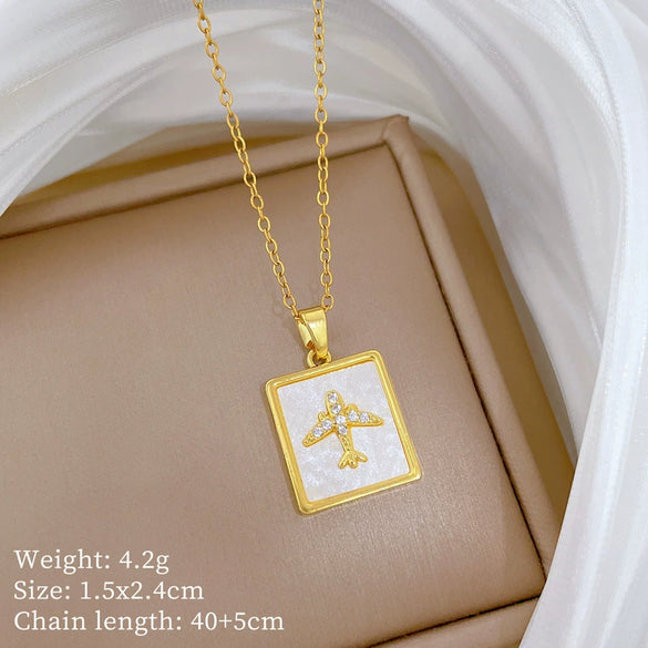 Necklace Square Shell Airplane Geometric Titanium Steel Copper Cartoon Luxury