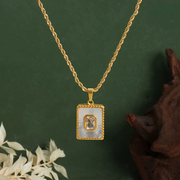 Necklace Square Shellfish Zircon Pendant 316L Stainless Steel Geometric Electroplating Twist Chain Luxury Style