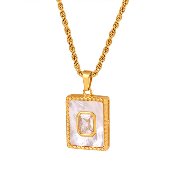Necklace Square Shellfish Zircon Pendant 316L Stainless Steel Geometric Electroplating Twist Chain Luxury Style