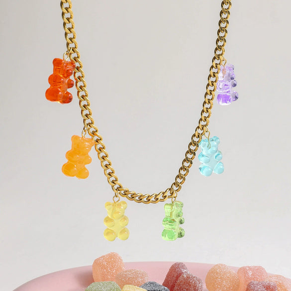 Necklace Stainless Steel Acrylic Color Tassel Bear Pendant Electroplating