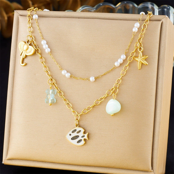 Necklace Stainless Steel Animal Zodiac Double Layer Stacked Wear With Starfish Shell Pendant And O Word Chain Electroplated