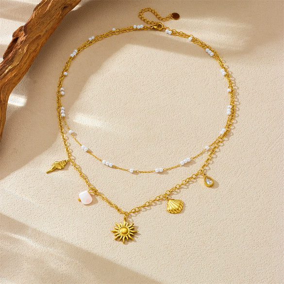 Necklace Stainless Steel Animal Zodiac Double Layer Stacked Wear With Starfish Shell Pendant And O Word Chain Electroplated