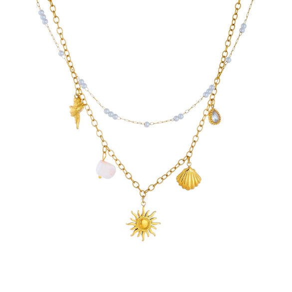 Necklace Stainless Steel Animal Zodiac Double Layer Stacked Wear With Starfish Shell Pendant And O Word Chain Electroplated