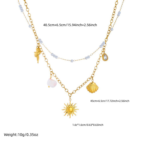 Necklace Stainless Steel Animal Zodiac Double Layer Stacked Wear With Starfish Shell Pendant And O Word Chain Electroplated