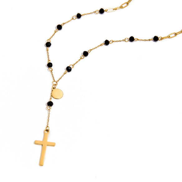 Necklace Stainless Steel Black Glass Bead Cross Pendant Yshaped Chain Electroplating