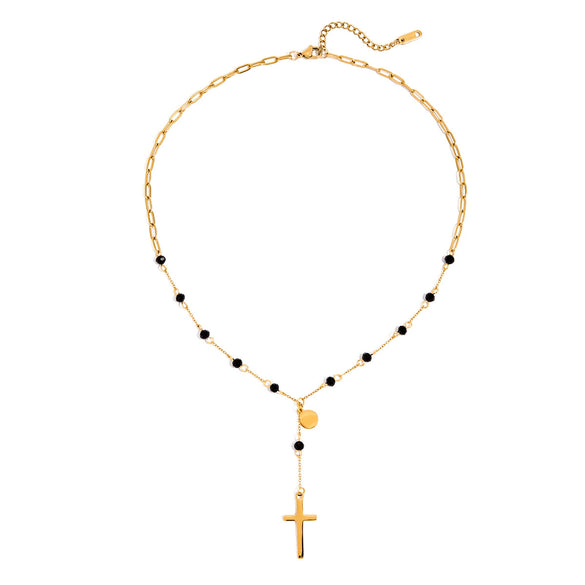 Necklace Stainless Steel Black Glass Bead Cross Pendant Yshaped Chain Electroplating