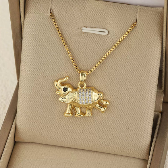 Necklace Stainless Steel Box Chain With Animal Elephant Pendant Mixed Gemstone Setting Electroplated Simple Geometry Style For Women