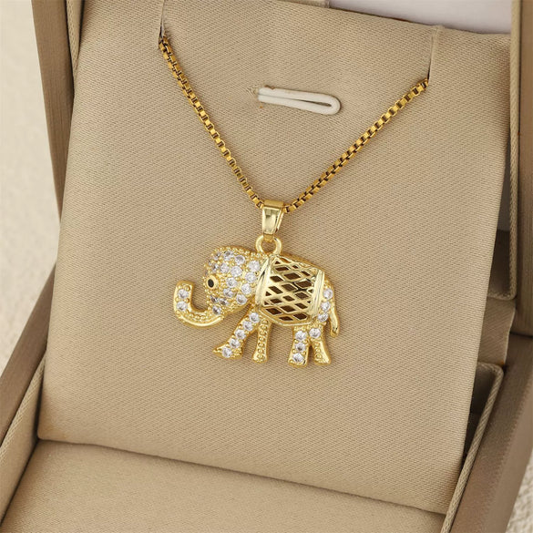 Necklace Stainless Steel Box Chain With Animal Elephant Pendant Mixed Gemstone Setting Electroplated Simple Geometry Style For Women