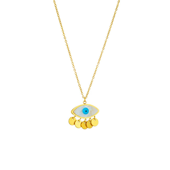 Necklace Stainless Steel Chain With Titanium Steel Blue Eye Oval Disc Tassel Pendant Electroplating Design For Women