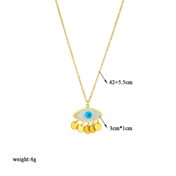 Necklace Stainless Steel Chain With Titanium Steel Blue Eye Oval Disc Tassel Pendant Electroplating Design For Women